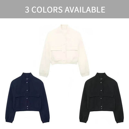 Women Fashion Bomber Jackets with Big Pockets Cropped Spring Amtumn Female Vintage Coat Long Sleeve Front Button Female Outerwea - Tamnz