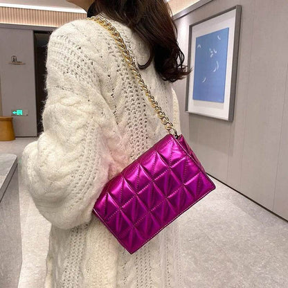 Woman Bags Quilted Shoulder Bags For Women Shiny Gold Handbag Metal Small Single Shoulder Bag - Tamnz