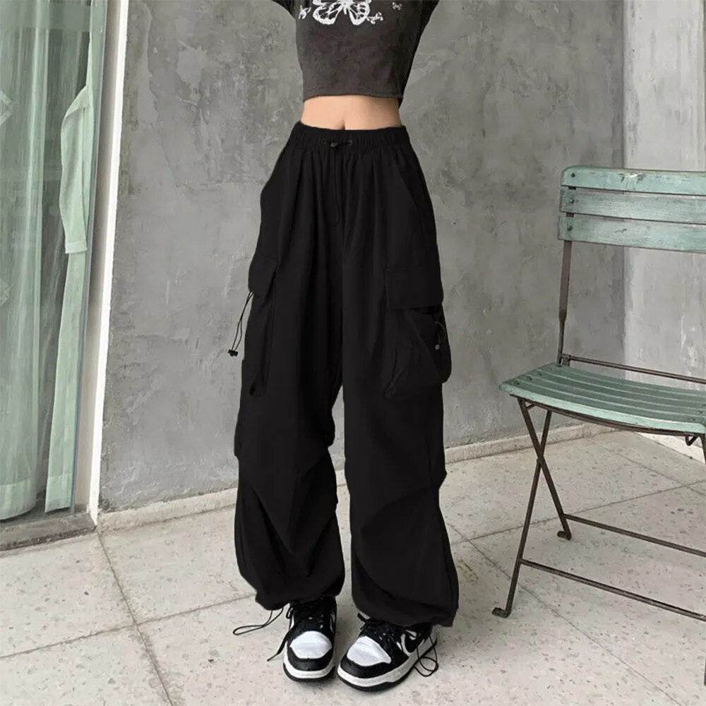 Womens Elastic Waist Loose Retro Overalls Casual Pants Womens Summer Allmatch Straight Drape Trousers Loose Wideleg Pants - Tamnz