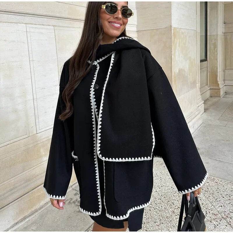 Contrast Single Breasted Women Coat With Scarf Long Sleeve Oversized Loose Tassles Jacket Autumn Winter Fashion Casual Tops - Tamnz