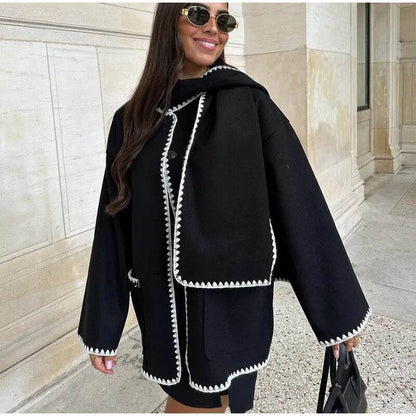 Contrast Single Breasted Women Coat With Scarf Long Sleeve Oversized Loose Tassles Jacket Autumn Winter Fashion Casual Tops - Tamnz