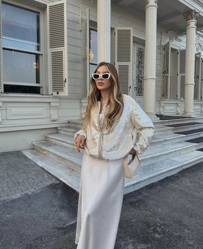 Fashion Sequins Bomber Jackets for Women 2023 Chic Female Casual Jacket Coats Ladies O-Neck Long Sleeve New Outerwear - Tamnz