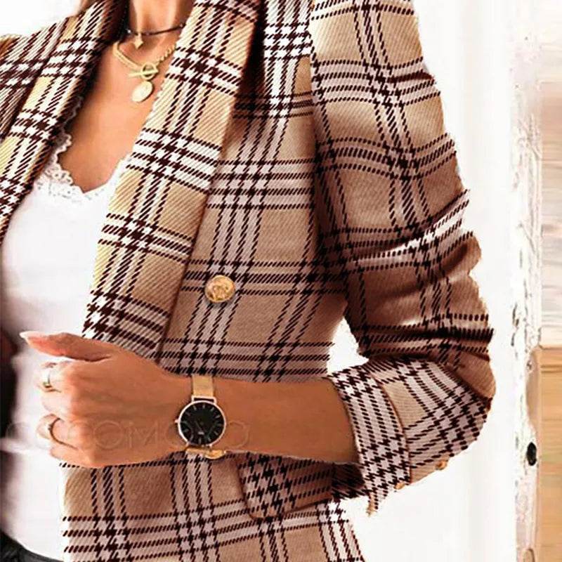 Women Jacket Autumn Traf Fashion Double Breasted Tweed Blazer Coat Vintage Long Sleeve Female Outerwear Chic Top - Tamnz
