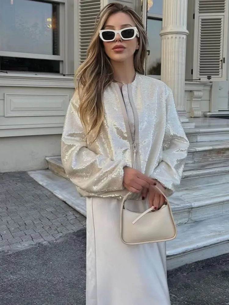 Fashion Sequins Bomber Jackets for Women 2023 Chic Female Casual Jacket Coats Ladies O-Neck Long Sleeve New Outerwear - Tamnz