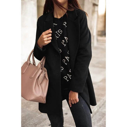 Autumn/Winter Women's Long Sleeve Woolen Coat Solid Color Suit Collar Double Breasted Long Woolen Coat - Tamnz