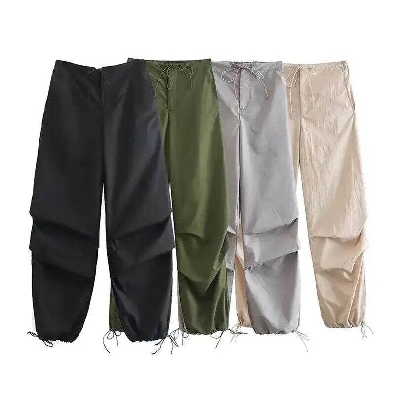 Womens Fashion Parachute Cargo Pants-Vintage Jogging Trousers with High Elastic Waist-Female Chic Lady Boot Cut - Tamnz