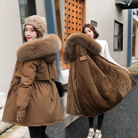 Women Parka Fashion Long Coat Wool Liner Hooded Parkas Winter Jacket Slim with Fur Collar Warm Snow Wear Padded - Tamnz