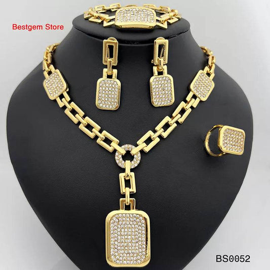 Dubai Gold Plated Jewelry Set Square Pendant Necklace Earrings Ring Bracelet For Women Bride Wedding Party Jewelry Free Shipping - Tamnz