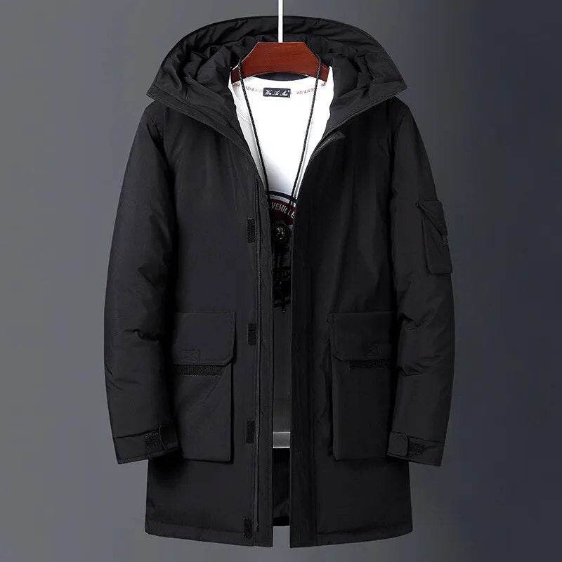 Men White Duck Warm Hooded Long Down Jackets Autumn Casual Parka Black Fluffy - Tamnz