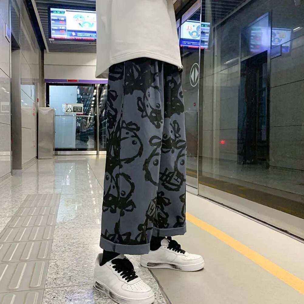 Mid-rise Elastic Waistband Drawstring Pockets Men Pants Cartoon Print Straight Wide Leg Pants Streetwear - Tamnz