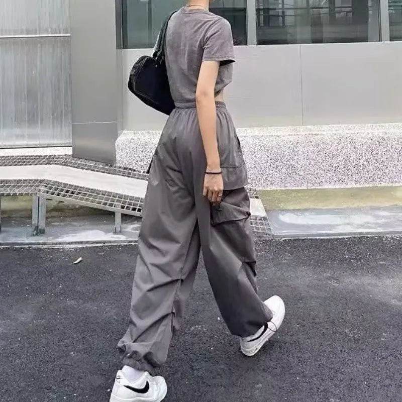 Women Y2K Cargo Pants Casual Harajuku Low Waist Drawstring Sweatpant Solid Drawstring Parachute Trousers Oversized Pants Jogger - Tamnz