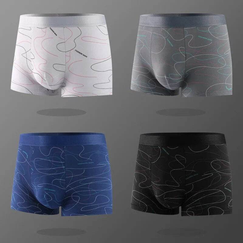 Man Boxers Line Printed Underpants U Convex Panties Fashion Comfortable Shorts Mens Solid Breathable Underwear Large Size 100kg - Tamnz