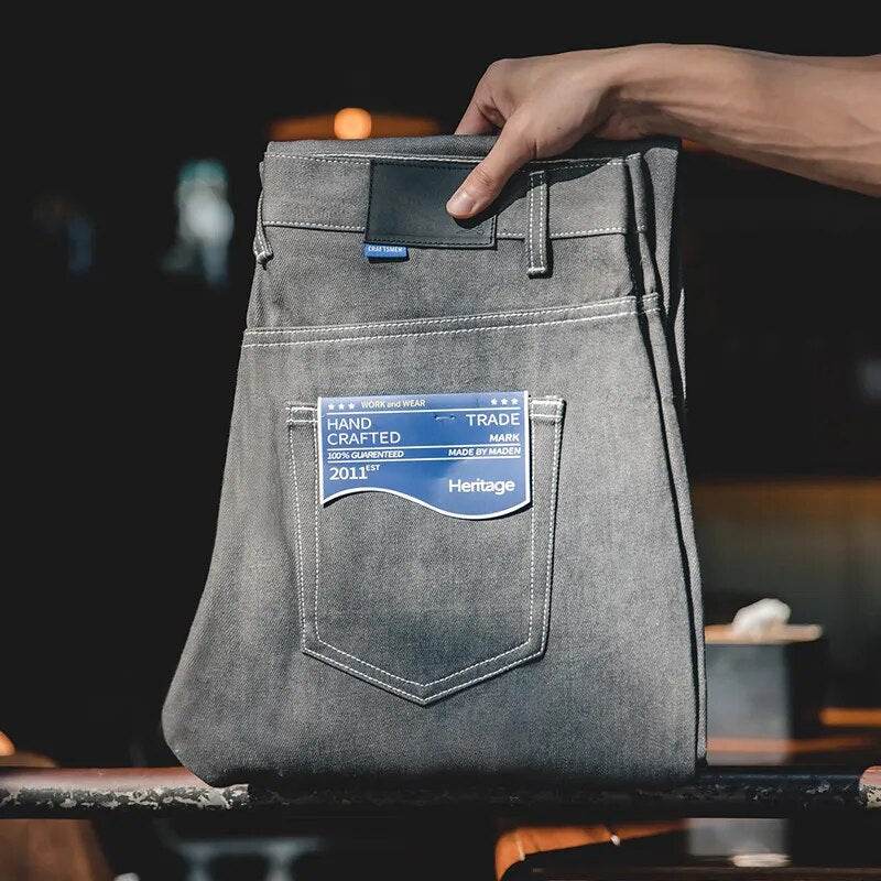 Maden Gray Jeans for Men 13.8 Oz 100% Cotton Regular Straight Fit Vintage Denim Pants Quality Bright Line Trousers 2022 New - Tamnz