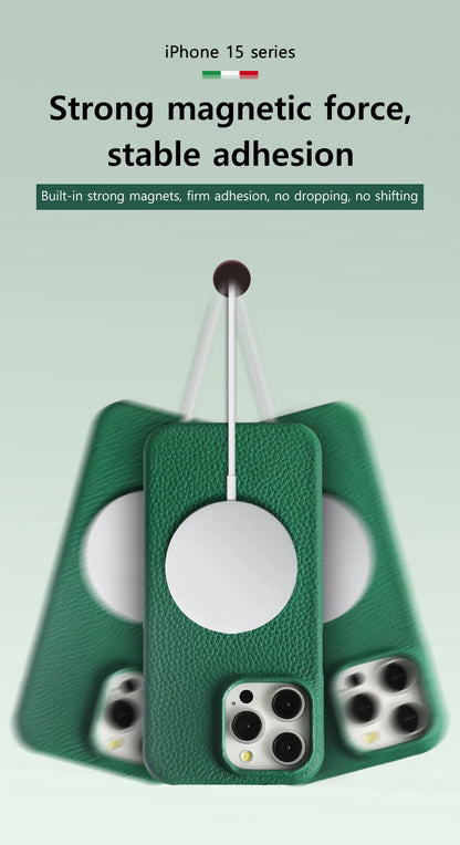 for Magsafe Case for iPhone 17 15 16 Pro Max Air 16Pro Natural Cowhide Lychee Leather Magnetic Protector Luxury Phone Back Cover