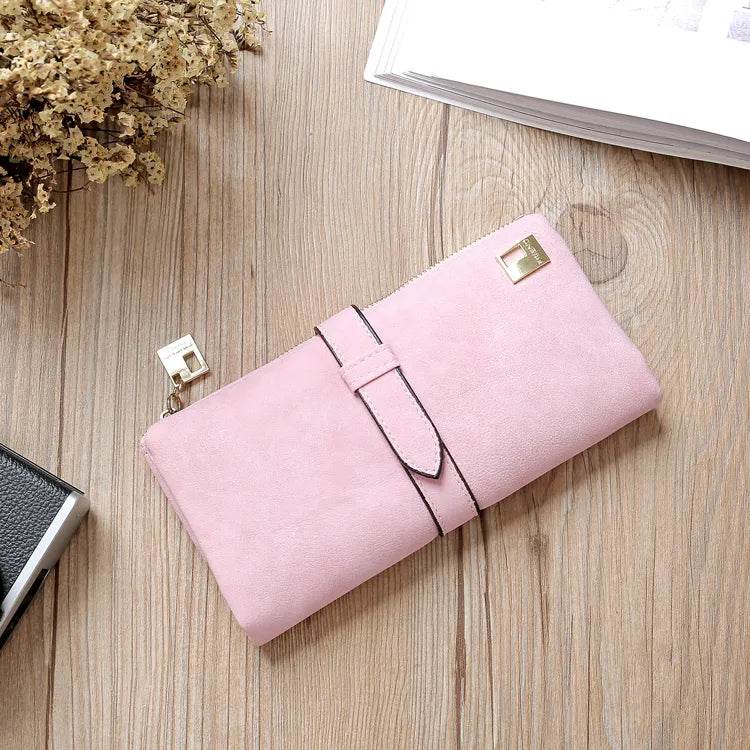 Solid Drawstring Nubuck Leather Zipper Long Women Wallet Phone Bag Luxury Brand Wallets Designer Purse Card Holder Clutch - Tamnz