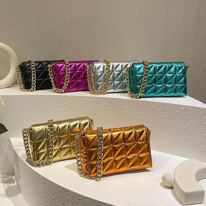 Woman Bags Quilted Shoulder Bags For Women Shiny Gold Handbag Metal Chain Small Single Shoulder Bag - Tamnz