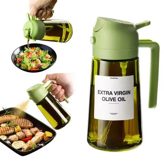 2 in 1 Olive Oil Dispenser Bottle 470ml Light-Blocking Dark Oil Sprayer for Cooking for Kitchen Dark Green Glass Oil Bottle