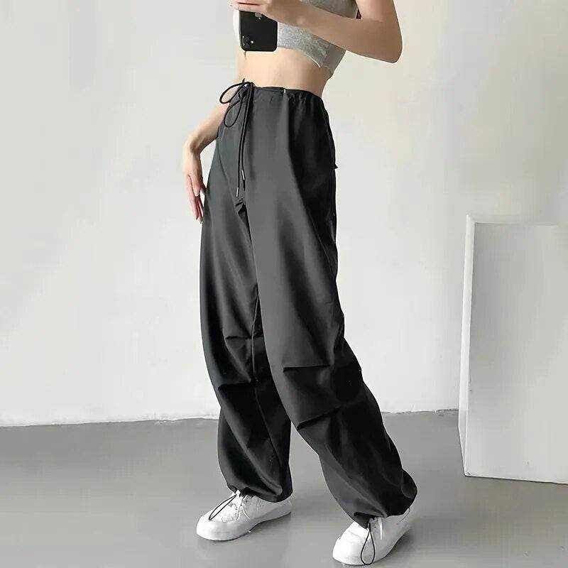 Womens Fashion Parachute Cargo Pants-Vintage Jogging Trousers with High Elastic Waist-Female Chic Lady Boot Cut - Tamnz