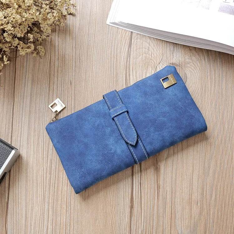 Solid Drawstring Nubuck Leather Zipper Long Women Wallet Phone Bag Luxury Brand Wallets Designer Purse Card Holder Clutch - Tamnz