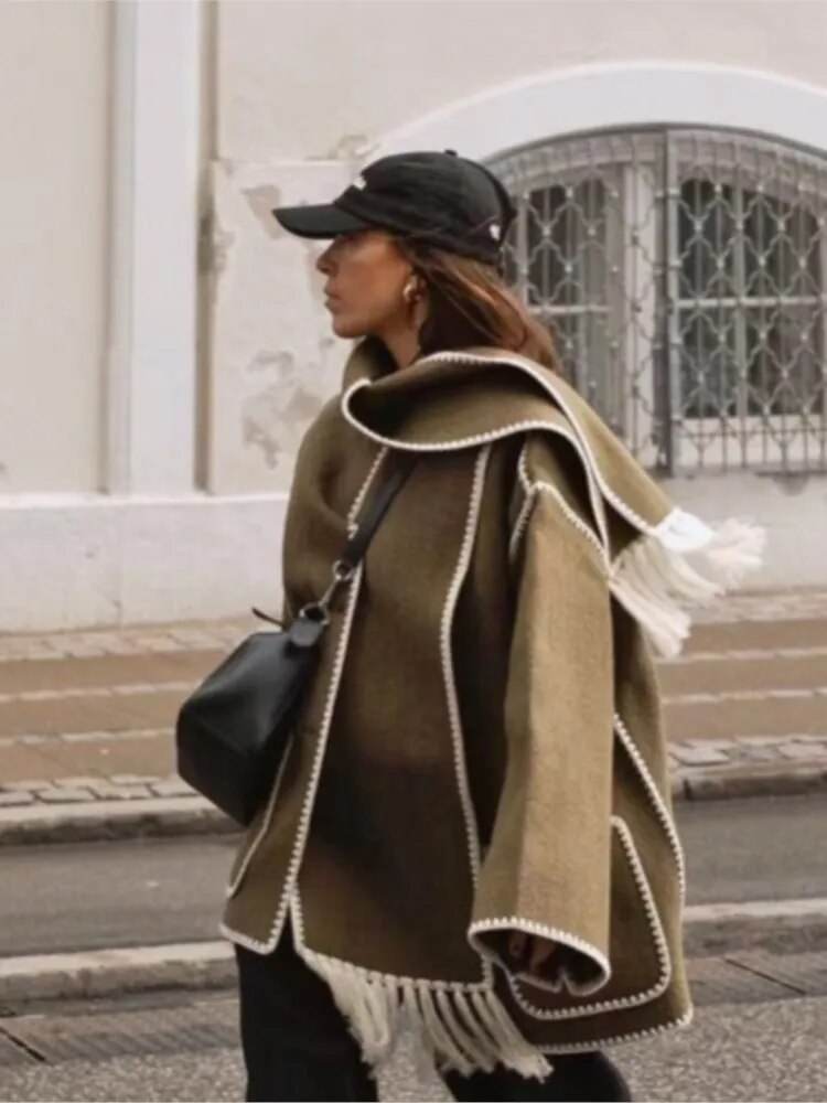 Contrast Single Breasted Women Coat With Scarf Long Sleeve Oversized Loose Tassles Jacket Autumn Winter Fashion Casual Tops - Tamnz