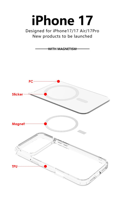 Shockproof For Magsafe Clear Magnetic Wireless Charge Case For iPhone 17 Air 17 Pro Max Hybird Hard Acrylic Back Cover Bumper