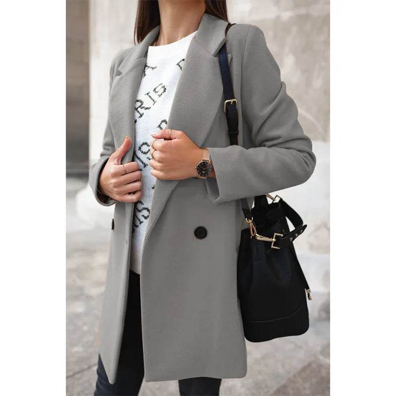 Autumn/Winter Women's Long Sleeve Woolen Coat Solid Color Suit Collar Double Breasted Long Woolen Coat - Tamnz