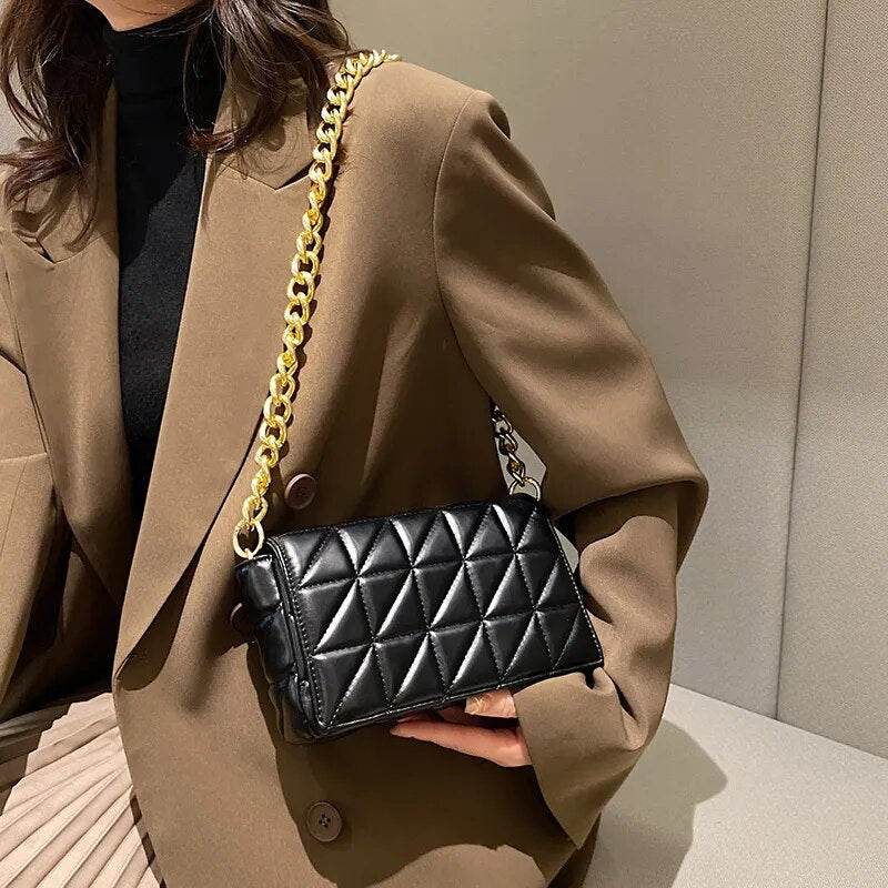 Woman Bags Quilted Shoulder Bags For Women Shiny Gold Handbag Metal Small Single Shoulder Bag - Tamnz