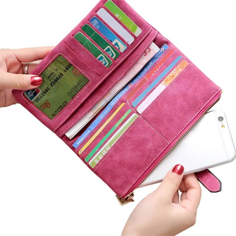 Solid Drawstring Nubuck Leather Zipper Long Women Wallet Phone Bag Luxury Brand Wallets Designer Purse Card Holder Clutch - Tamnz