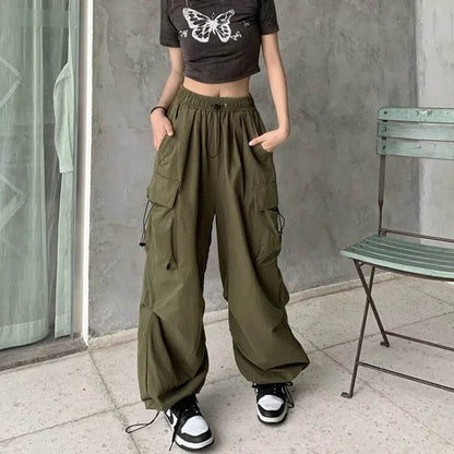 Women Y2K Cargo Pants Casual Harajuku Low Waist Drawstring Sweatpant Solid Drawstring Parachute Trousers Oversized Pants Jogger - Tamnz