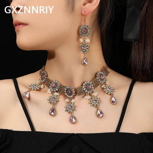 Vintage Crystal Flower Jewelry Sets for Women Accessories Rhinestone Antique Gold Color Necklace and Earrings Set Party Gift - Tamnz