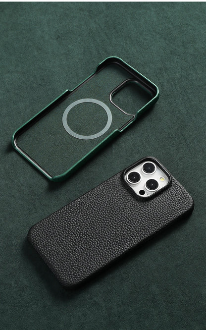 for Magsafe Case for iPhone 17 15 16 Pro Max Air 16Pro Natural Cowhide Lychee Leather Magnetic Protector Luxury Phone Back Cover