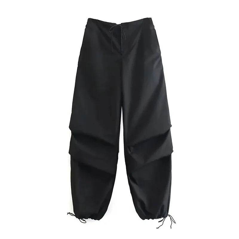 Womens Fashion Parachute Cargo Pants-Vintage Jogging Trousers with High Elastic Waist-Female Chic Lady Boot Cut - Tamnz
