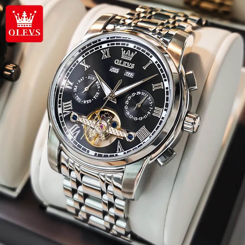 Automatic Mechanical Business Wristwatch Skeleton Calendar Stainless Steel Strap Watch - Tamnz