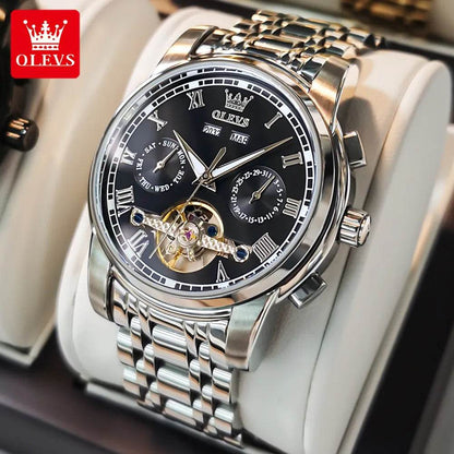 Automatic Mechanical Business Wristwatch Skeleton Calendar Stainless Steel Strap Watch - Tamnz