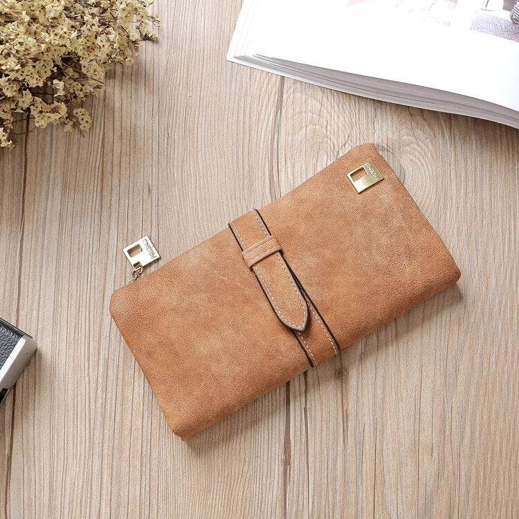 Solid Drawstring Nubuck Leather Zipper Long Women Wallet Phone Bag Luxury Brand Wallets Designer Purse Card Holder Clutch - Tamnz