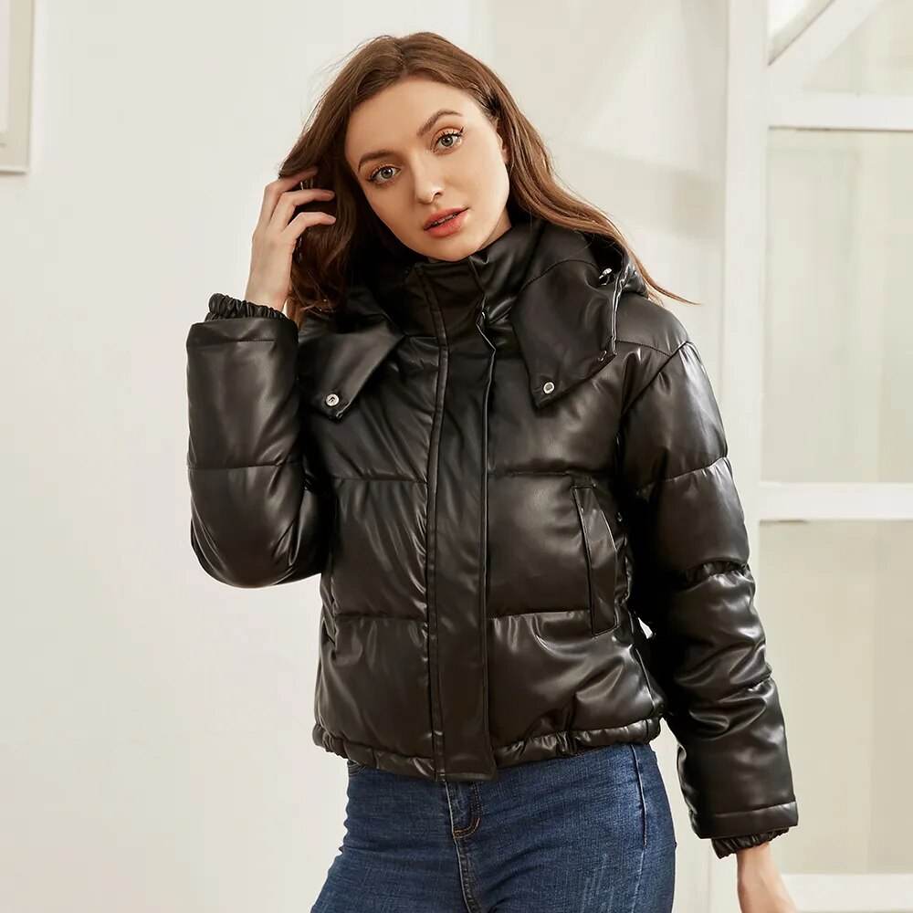 Women Winter Vintage Faux Leather Loose Hooded Pockets Cotton Jackets Fashion Warm Thick PU Parkas Female Outerwear Tops - Tamnz