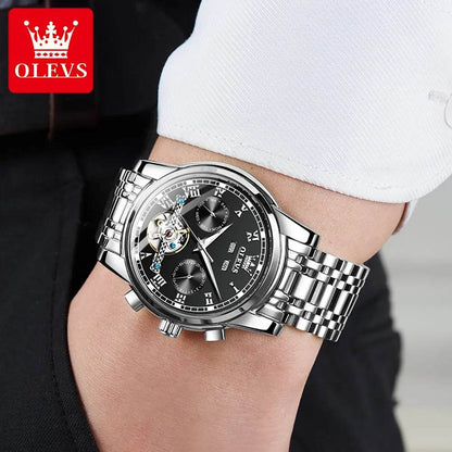 Automatic Mechanical Business Wristwatch Skeleton Calendar Stainless Steel Strap Watch - Tamnz