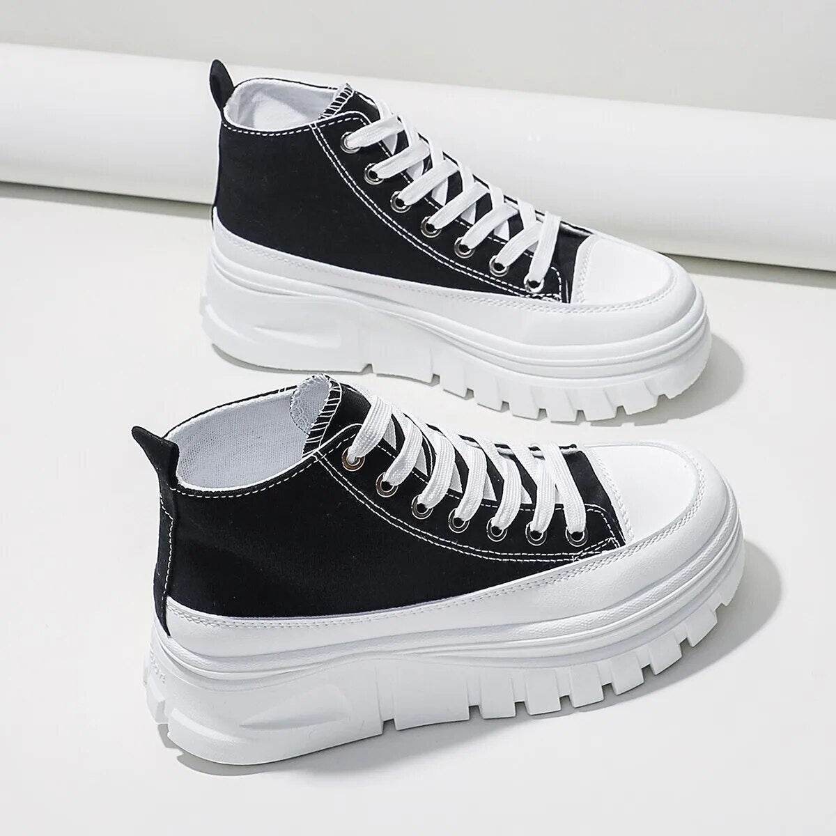 Women Lace-Up Front High Top Flatform Canvas Shoes Fashion Casual Comfortable Height Increasing Sneakers - Tamnz
