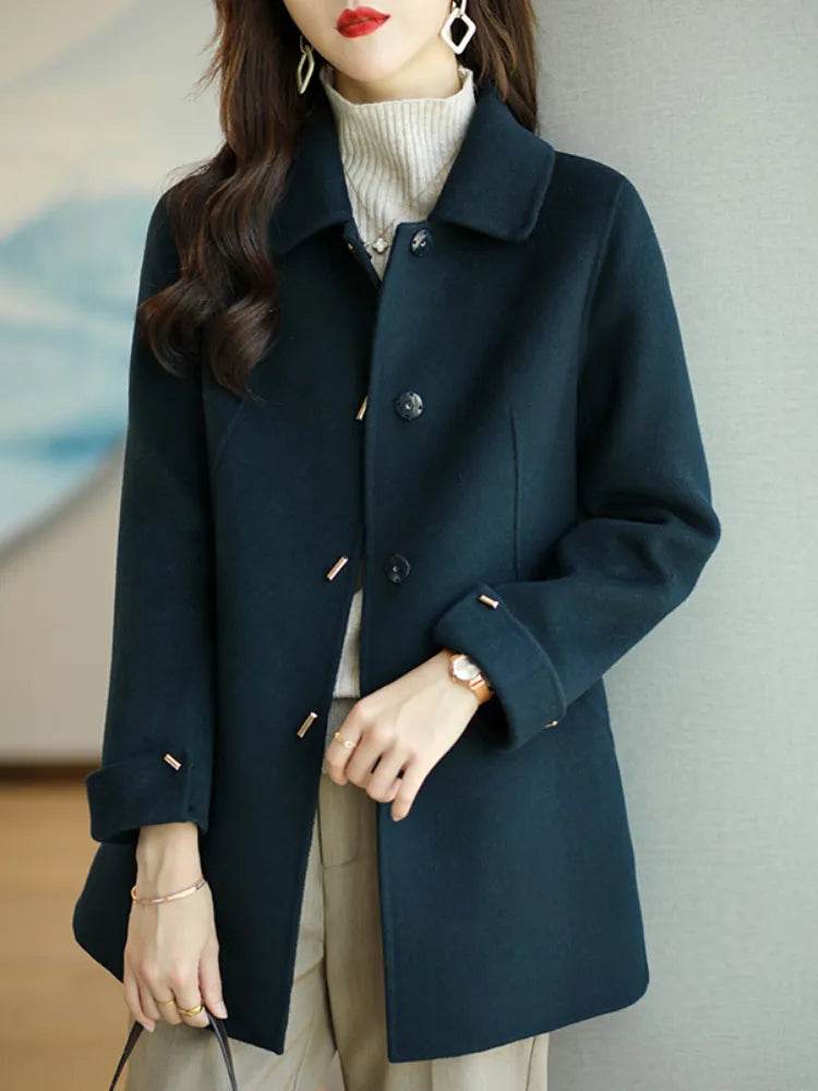 Autumn Winter Woolen Coat Slim Fashion Office Lady Square Collar Single Breasted Winter Coats Wide-waisted Pocket - Tamnz