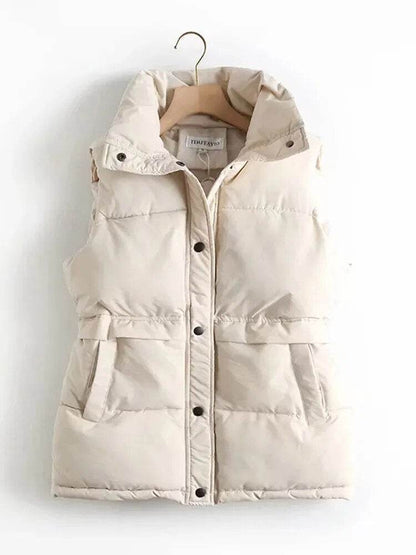 Autumn Winter Women Solid Loose Vest Drawstring Stand Collar Long Vest Jacket Cotton Padded Women Windproof Warm Waistcoat - Tamnz