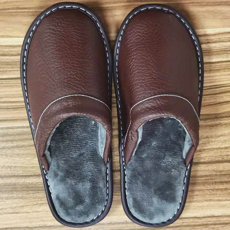Autumn Winter Indoor Shoes Men's Slippers Man Concise Navy Blue Slides Simple Leather Home - Tamnz