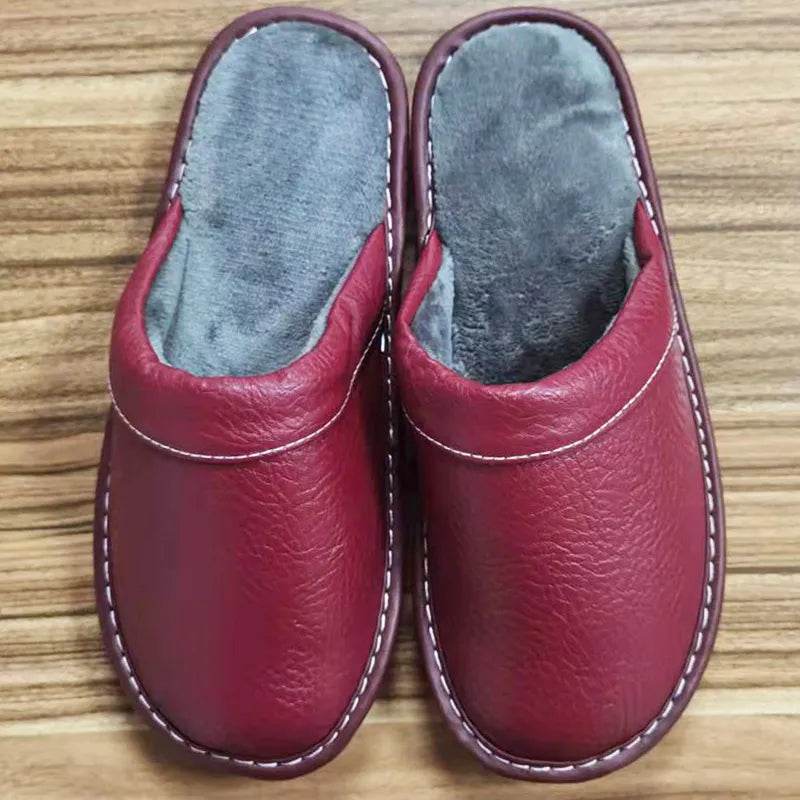 Autumn Winter Indoor Shoes Men's Slippers Man Concise Navy Blue Slides Simple Leather Home - Tamnz