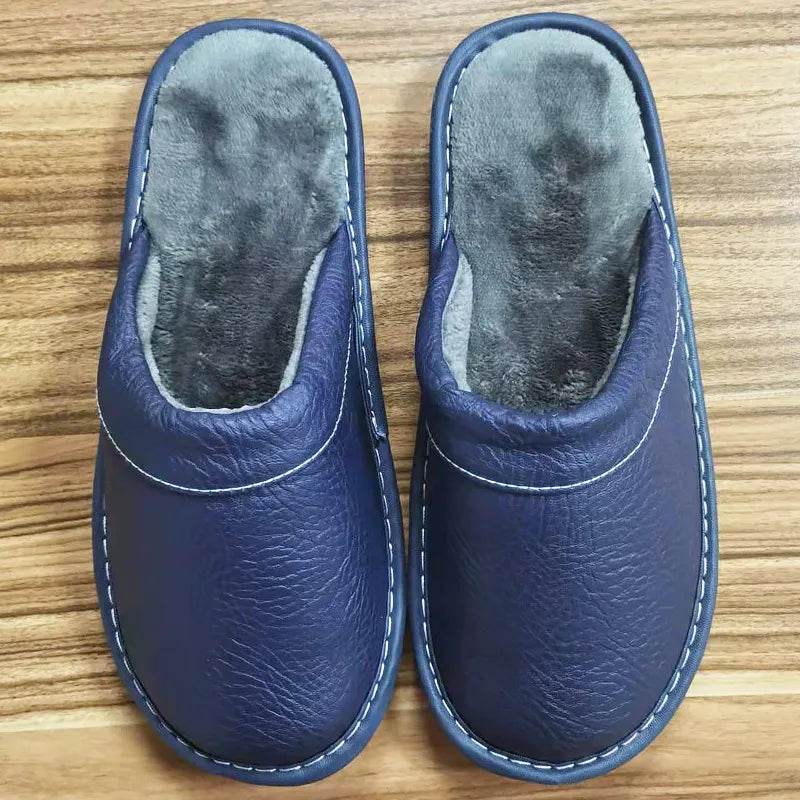 Autumn Winter Indoor Shoes Men's Slippers Man Concise Navy Blue Slides Simple Leather Home - Tamnz