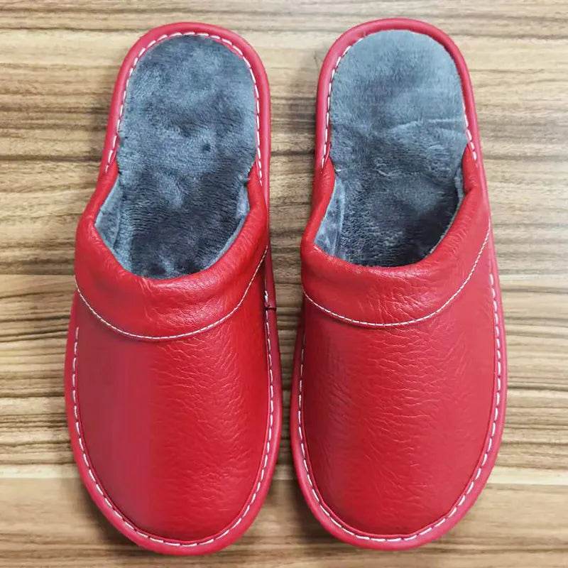 Autumn Winter Indoor Shoes Men's Slippers Man Concise Navy Blue Slides Simple Leather Home - Tamnz