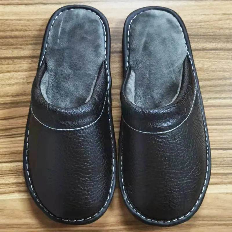 Autumn Winter Indoor Shoes Men's Slippers Man Concise Navy Blue Slides Simple Leather Home - Tamnz