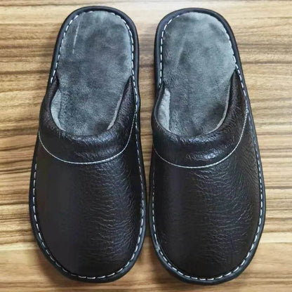 Autumn Winter Indoor Shoes Men's Slippers Man Concise Navy Blue Slides Simple Leather Home - Tamnz